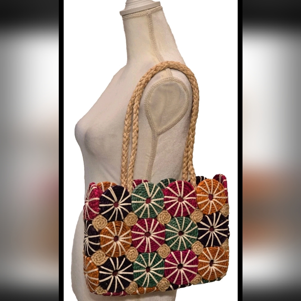 Colorful Patchwork Straw Tote Bag Vibrant Multicolor Summer Vibes - Picture 10 of 11